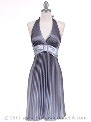 8494 Silver 2-tone Pleated Cocktail Dress, Silver