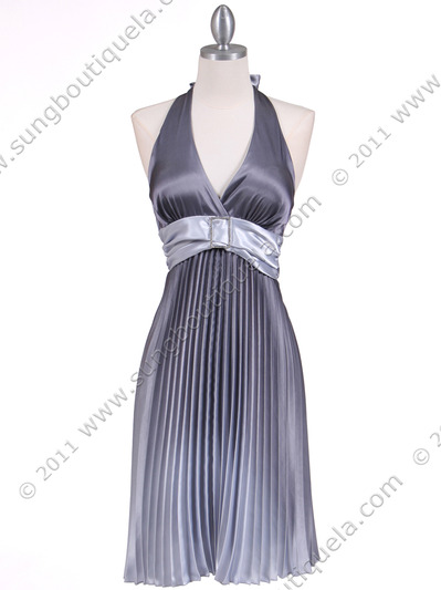 8494 Silver 2-tone Pleated Cocktail Dress - Silver, Front View Medium