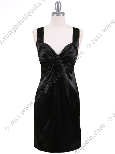 8503 Black Satin Cocktail Dress - Black, Front View Medium
