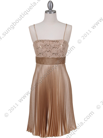 8515 Gold Pleated Cocktail Dress - Gold, Front View Medium