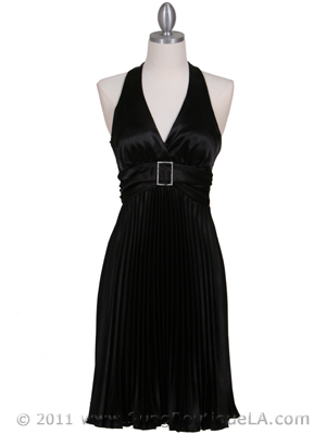 8543 Black Halter Pleated Cocktail Dress, Black