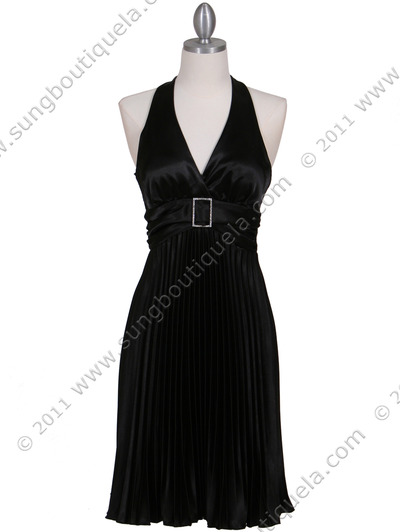 8543 Black Halter Pleated Cocktail Dress - Black, Front View Medium