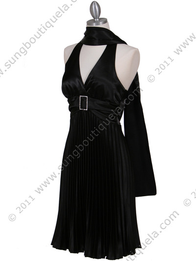 8543 Black Halter Pleated Cocktail Dress - Black, Alt View Medium