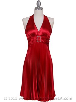 8543 Red Halter Pleated Cocktail Dress, Red