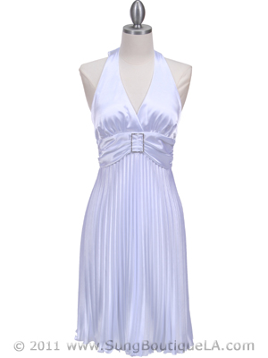 8543 White Halter Pleated Cocktail Dress, White