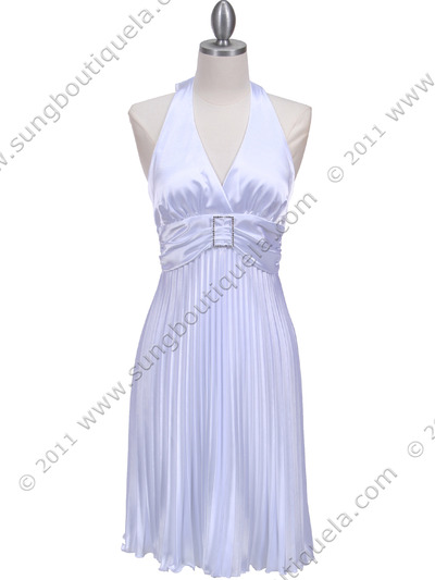 8543 White Halter Pleated Cocktail Dress - White, Front View Medium