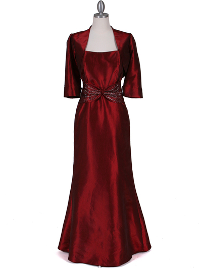 8551 Wine Taffeta Evening Dress with Bolero Jacket - Wine, Front View Medium