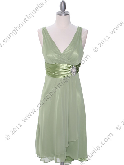 8641 Sage Chiffon Cocktail Dress - Sage, Front View Medium