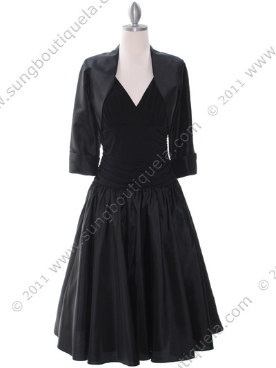 8658 Black Tea Length Dress with Bolero - Black, Front View Medium