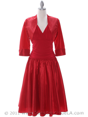 8658 Red Tea Length Dress with Bolero, Red