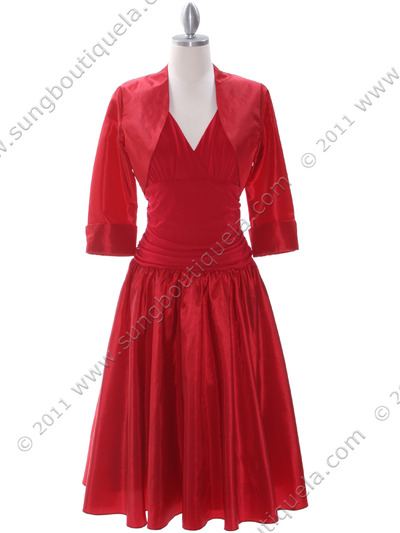 8658 Red Tea Length Dress with Bolero - Red, Front View Medium
