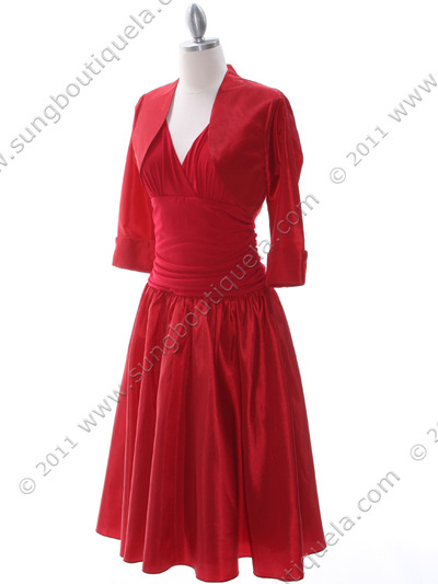 8658 Red Tea Length Dress with Bolero - Red, Alt View Medium