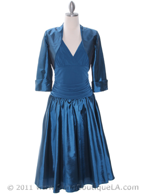 8658 Teal Tea Length Dress with Bolero, Teal