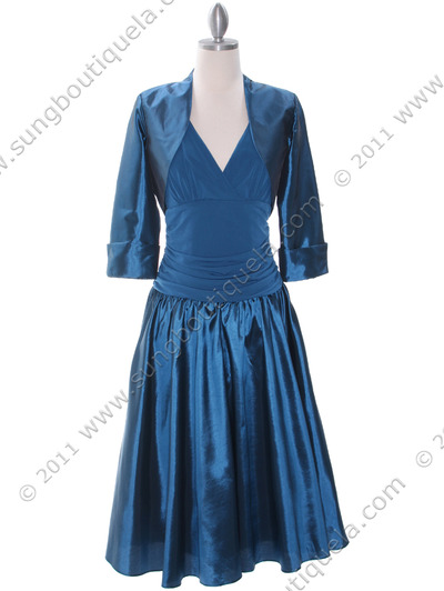8658 Teal Tea Length Dress with Bolero - Teal, Front View Medium