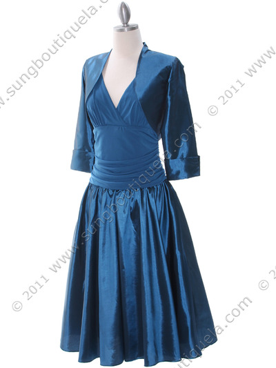 8658 Teal Tea Length Dress with Bolero - Teal, Alt View Medium