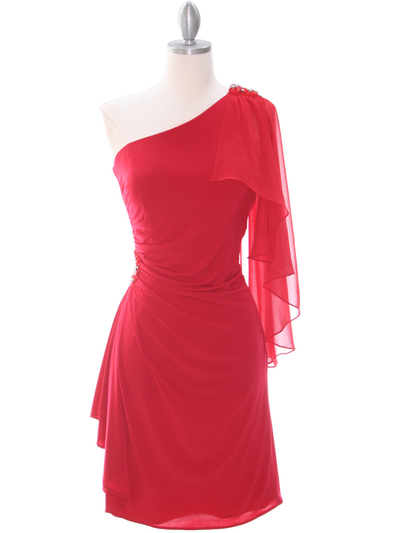 8659 Red One Shoulder Cocktail Dress - Red, Front View Medium