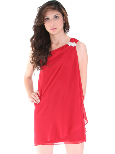 8715 One Shoulder Cocktail Dress - Red, Front View Medium