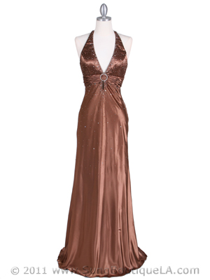 9002 Brown Halter Evening Gown, Brown