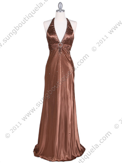 9002 Brown Halter Evening Gown - Brown, Front View Medium