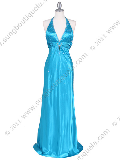 9002 Turquoise Halter Evening Gown - Turquoise, Front View Medium