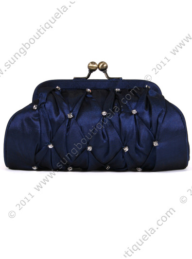 FN90051 Navy Taffeta Pleated Rhinestone Evening Clutch - Navy, Front View Medium
