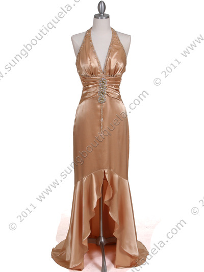 9005 Gold Halter Beaded Evening Gown - Gold, Front View Medium