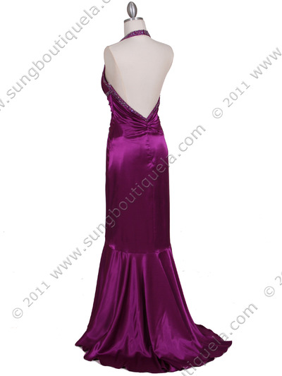 9005 Purple Halter Beaded Evening Gown - Purple, Back View Medium