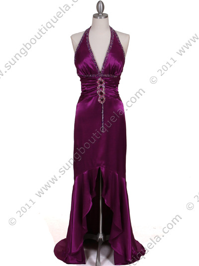 9005 Purple Halter Beaded Evening Gown - Purple, Front View Medium