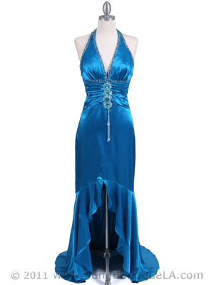 9005 Turquoise Halter Beaded Evening Gown, Turquoise