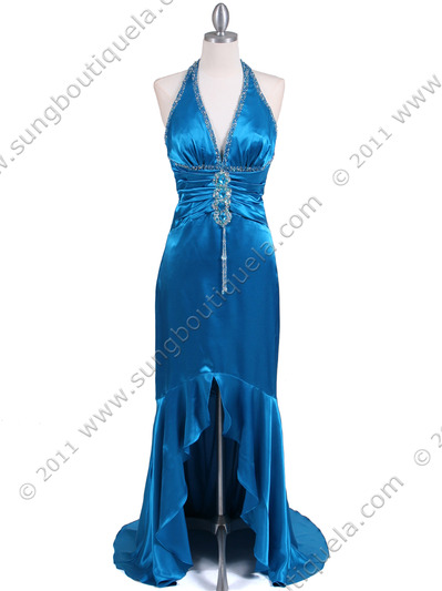 9005 Turquoise Halter Beaded Evening Gown - Turquoise, Front View Medium