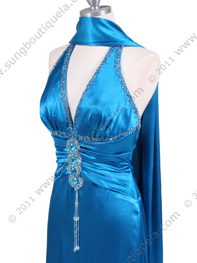 9005 Turquoise Halter Beaded Evening Gown - Turquoise, Alt View Medium