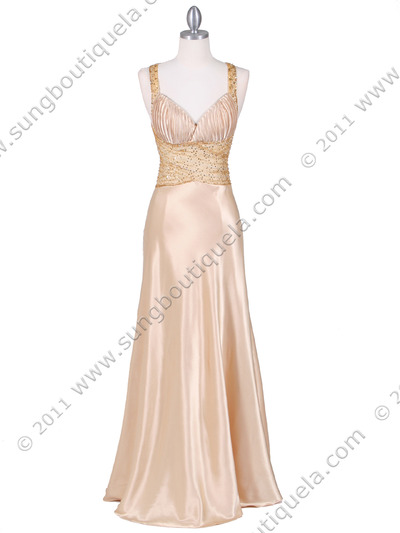 9010 Gold Beaded Evening Gown - Gold, Front View Medium