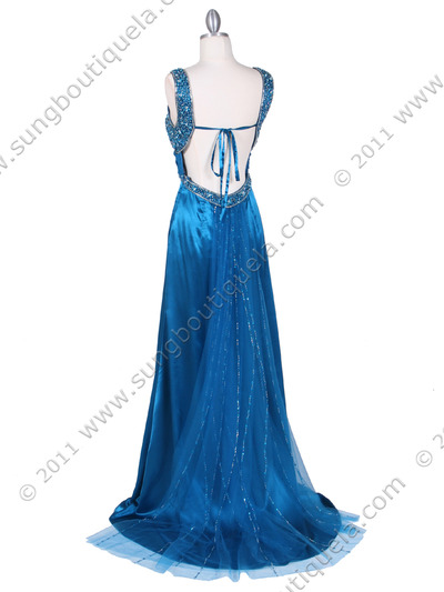 9023 Teal Blue Beaded Evening Gown - Teal, Back View Medium