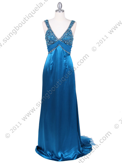 9023 Teal Blue Beaded Evening Gown - Teal, Front View Medium