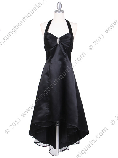 9051 Black Halter Hi-Low Satin Evening Dress - Black, Front View Medium