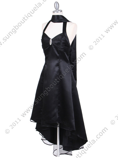 9051 Black Halter Hi-Low Satin Evening Dress - Black, Alt View Medium