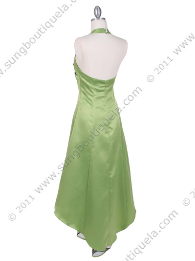 9051 Green Halter Hi-Low Satin Evening Dress - Green, Back View Medium