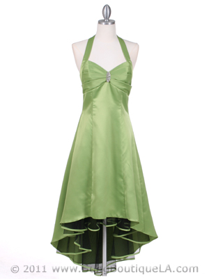 9051 Green Halter Hi-Low Satin Evening Dress, Green