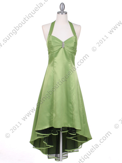 9051 Green Halter Hi-Low Satin Evening Dress - Green, Front View Medium