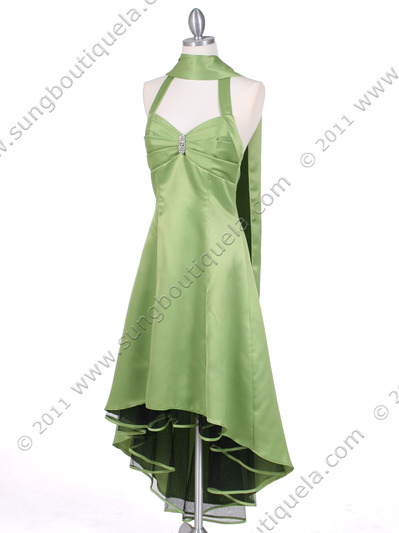 9051 Green Halter Hi-Low Satin Evening Dress - Green, Alt View Medium