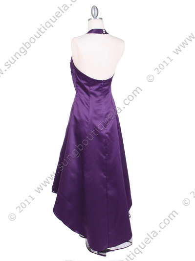 9051 Purple Halter Hi-Low Satin Evening Dress - Purple, Back View Medium