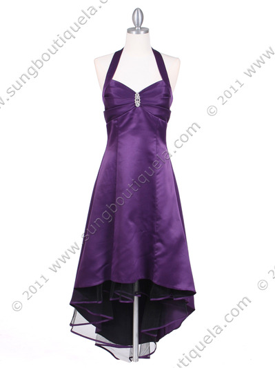 9051 Purple Halter Hi-Low Satin Evening Dress - Purple, Front View Medium