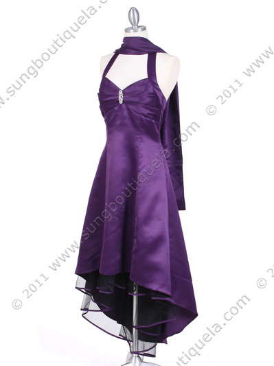 9051 Purple Halter Hi-Low Satin Evening Dress - Purple, Alt View Medium