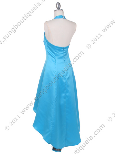 9051 Turquoise Halter Hi-Low Satin Evening Dress - Turquoise, Back View Medium