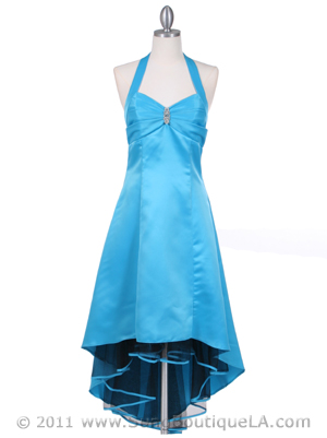 9051 Turquoise Halter Hi-Low Satin Evening Dress, Turquoise