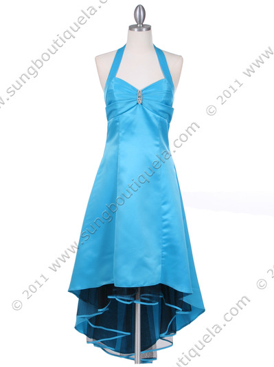 9051 Turquoise Halter Hi-Low Satin Evening Dress - Turquoise, Front View Medium