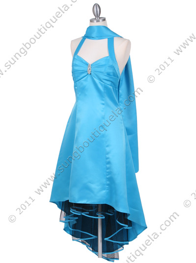 9051 Turquoise Halter Hi-Low Satin Evening Dress - Turquoise, Alt View Medium