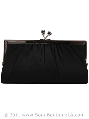 FN90681 Black Satin Clutch with Rhinestone Clasp, Black