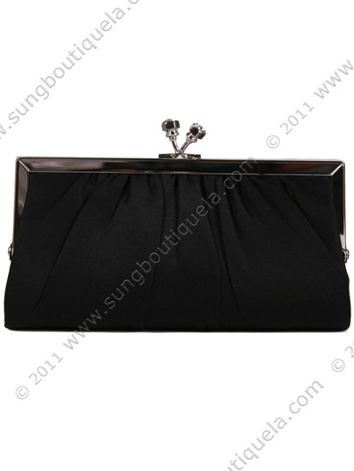FN90681 Black Satin Clutch with Rhinestone Clasp - Black, Front View Medium