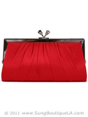 FN90681 Red Satin Clutch with Rhinestone Clasp, Red